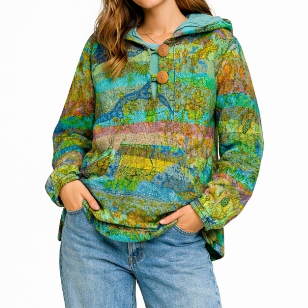 Rare 90s Cotton Exotic Safari Bohemian Hoodie Medium Yellow Teal Sunflower